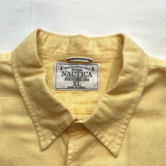 Nautica Linen Blend Shirt‎ Mens XL Button Up Short Sleeve Pocket Summer Yellow - Picture 3 of 12